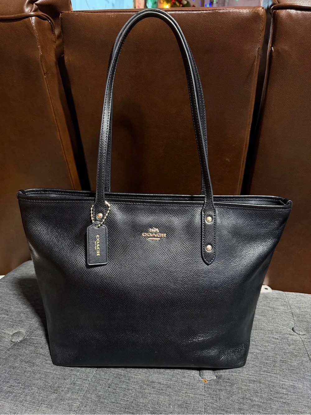 Coach Black Leather Shoulder Tote with Gold Hardware